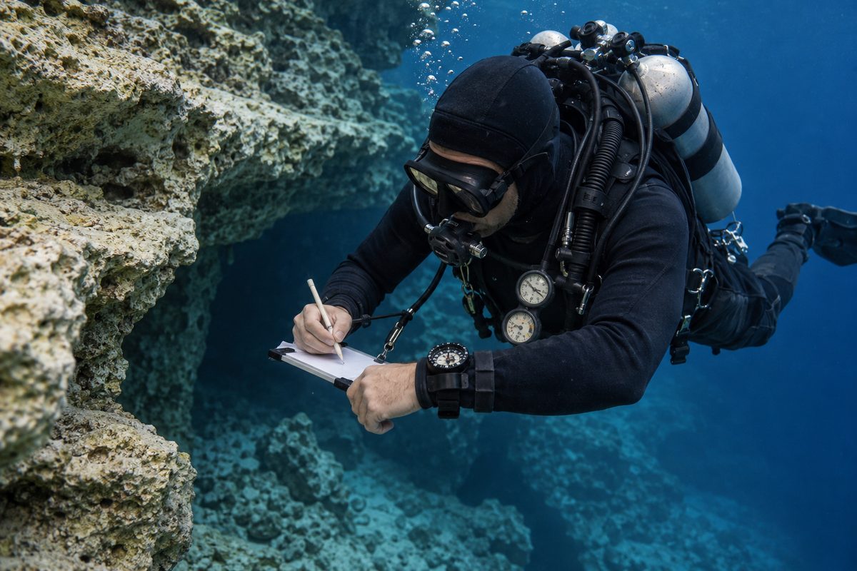 Advanced diver checking underwater navigation compass and depth gauge alongside a Florida reef wall