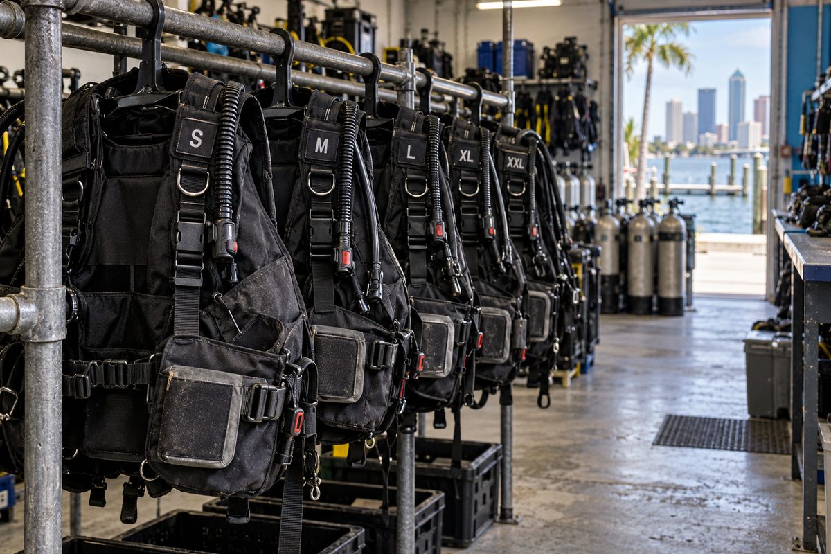 Heavy-duty rental jacket BCDs organized by size on workshop equipment racks