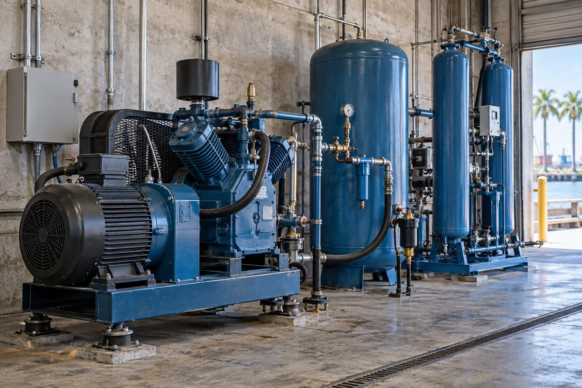 High-pressure multi-stage breathing air compressor and air filtration system inside Budi Dive facility