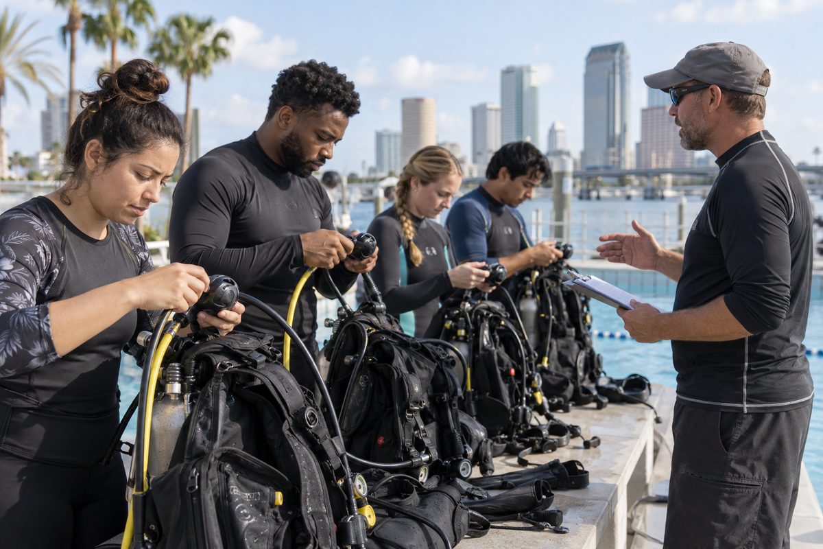 Scuba students assembling regulators and buoyancy equipment during a comprehensive course session