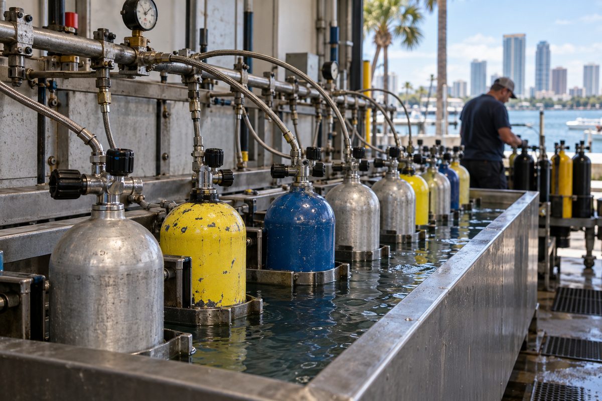 Scuba cylinders locked into a high-pressure compressor fill station with inspection inspection decals