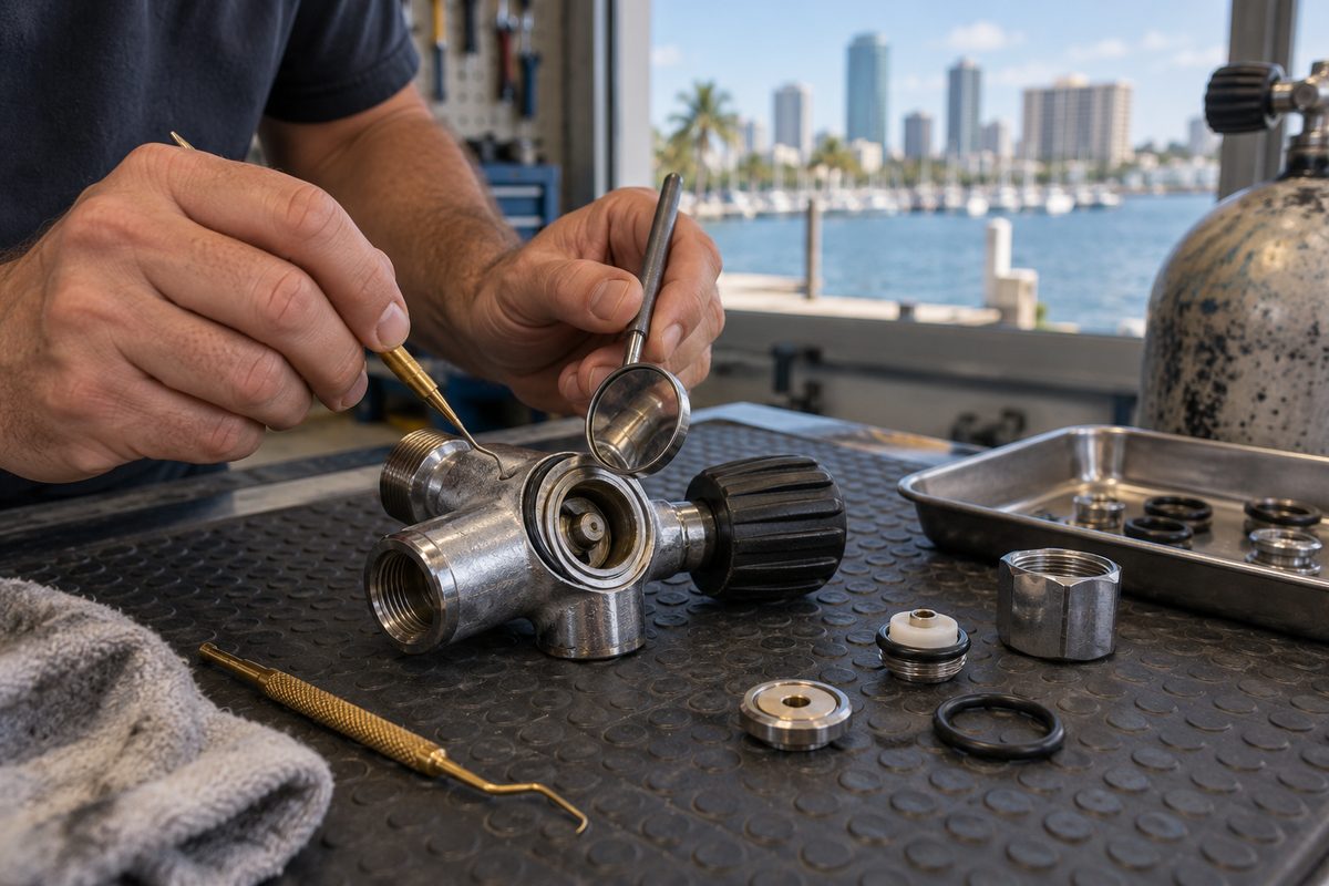 Technician performing visual inspection and maintenance on a high-pressure scuba cylinder valve assembly
