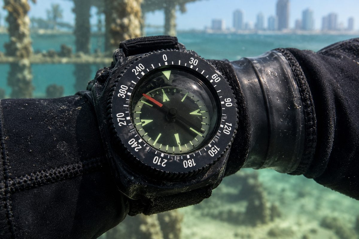 Liquid-filled underwater wrist compass with calibrated rotating bezel and luminescent heading card