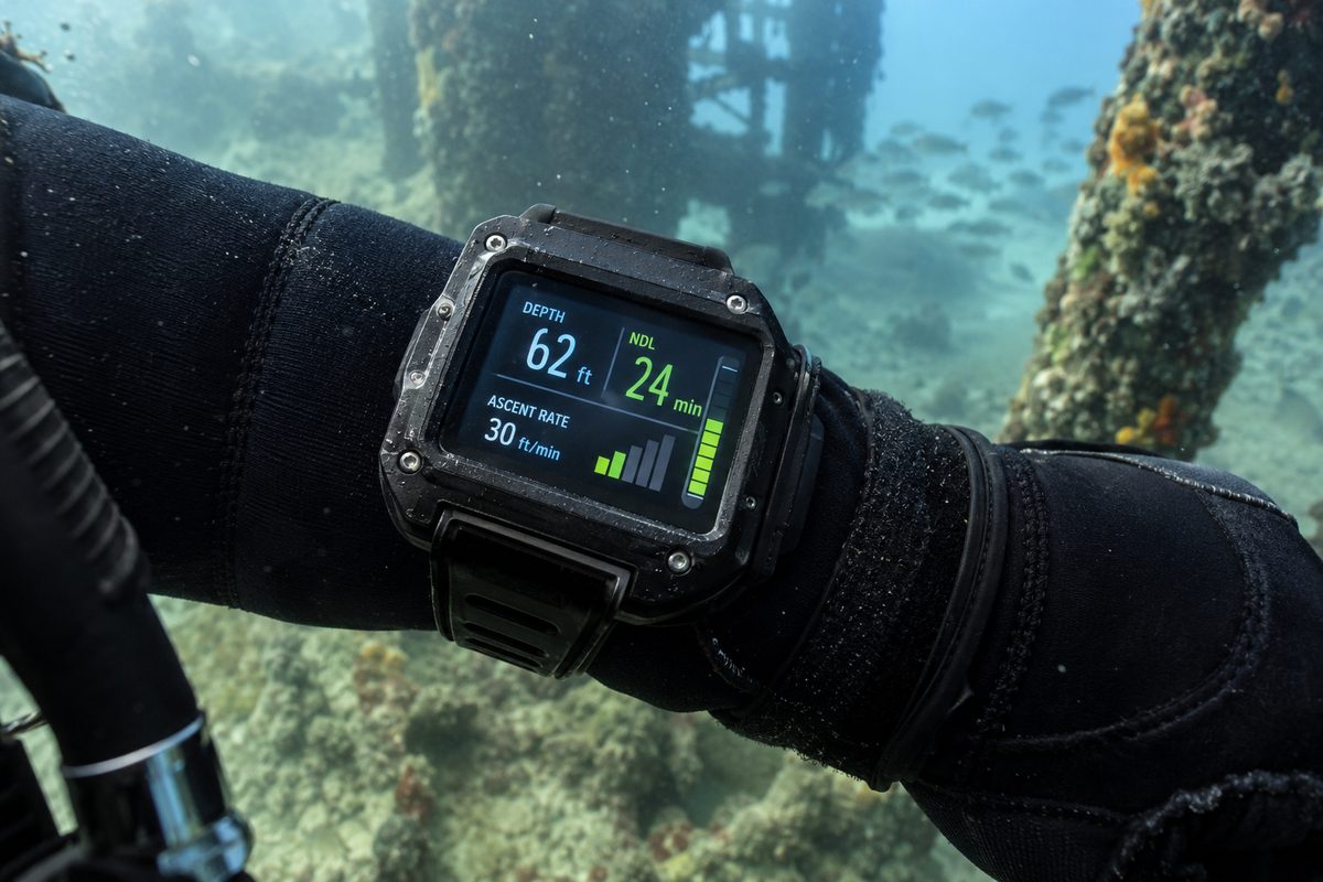 Multi-gas wrist dive computer displaying real-time depth and decompression data underwater