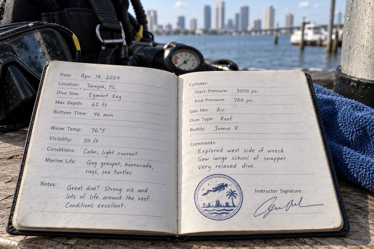 Official dive logbook page showing recorded site profiles and instructor certification stamp
