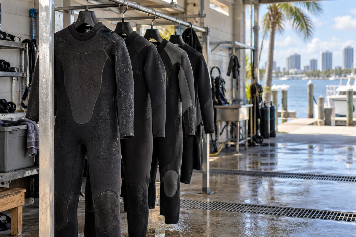 Anatomical neoprene wetsuits and exposure suits hanging in the dive shop gear maintenance bay