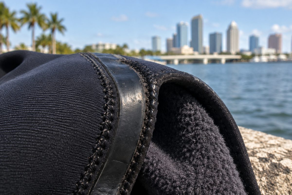 Detailed macro view of reinforced blindstitched seams and thermal lining on a 5mm dive wetsuit
