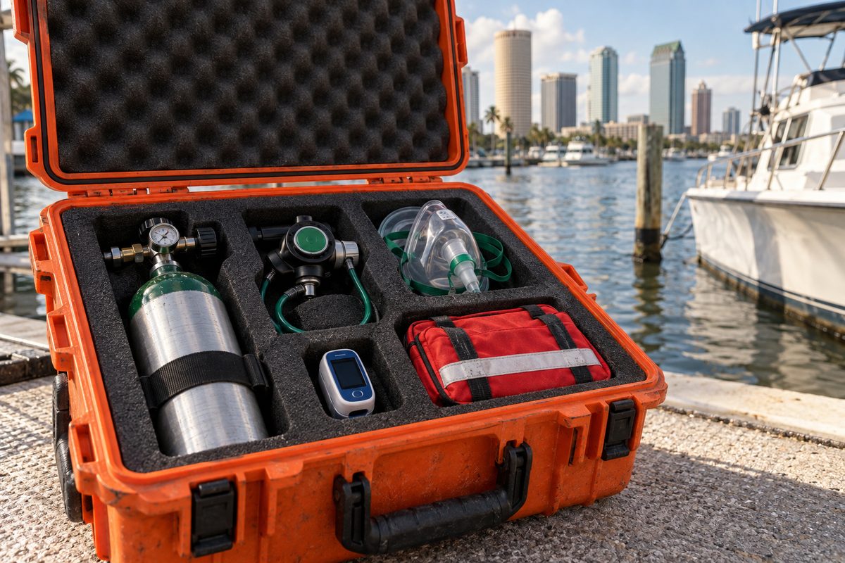 Field emergency oxygen provider kit and marine trauma first aid unit ready for expedition deployment