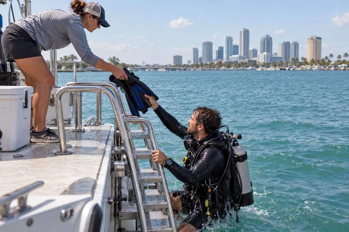 Diver exiting the water via the heavy-duty stern ladder of the offshore dive charter boat