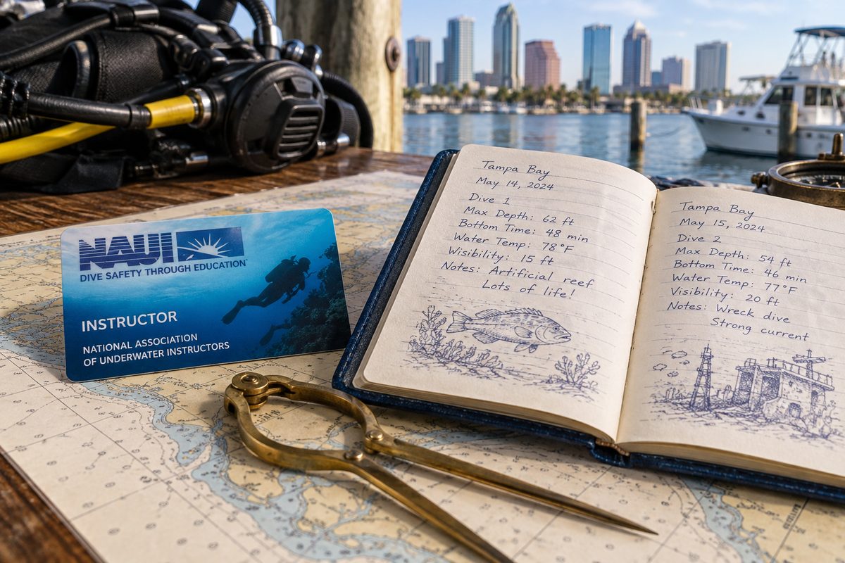 NAUI instructor certification credential and official maritime diver logbook on briefing table