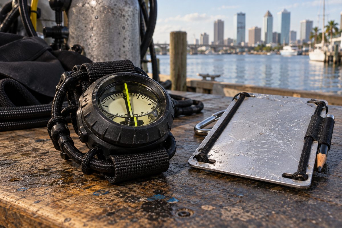 Calibrated underwater wrist navigation compass fitted with rugged bungee mount on workbench