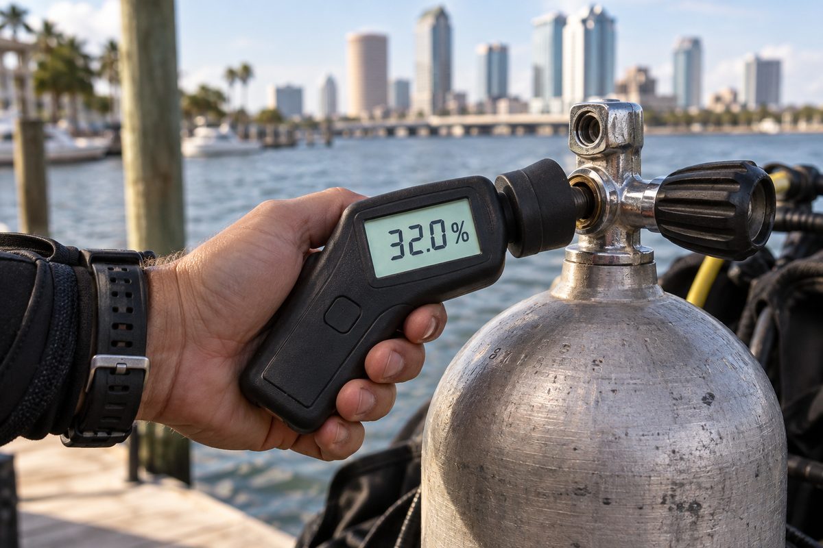 Digital oxygen analyzer verifying 32 percent enriched air Nitrox blend on an aluminium scuba cylinder