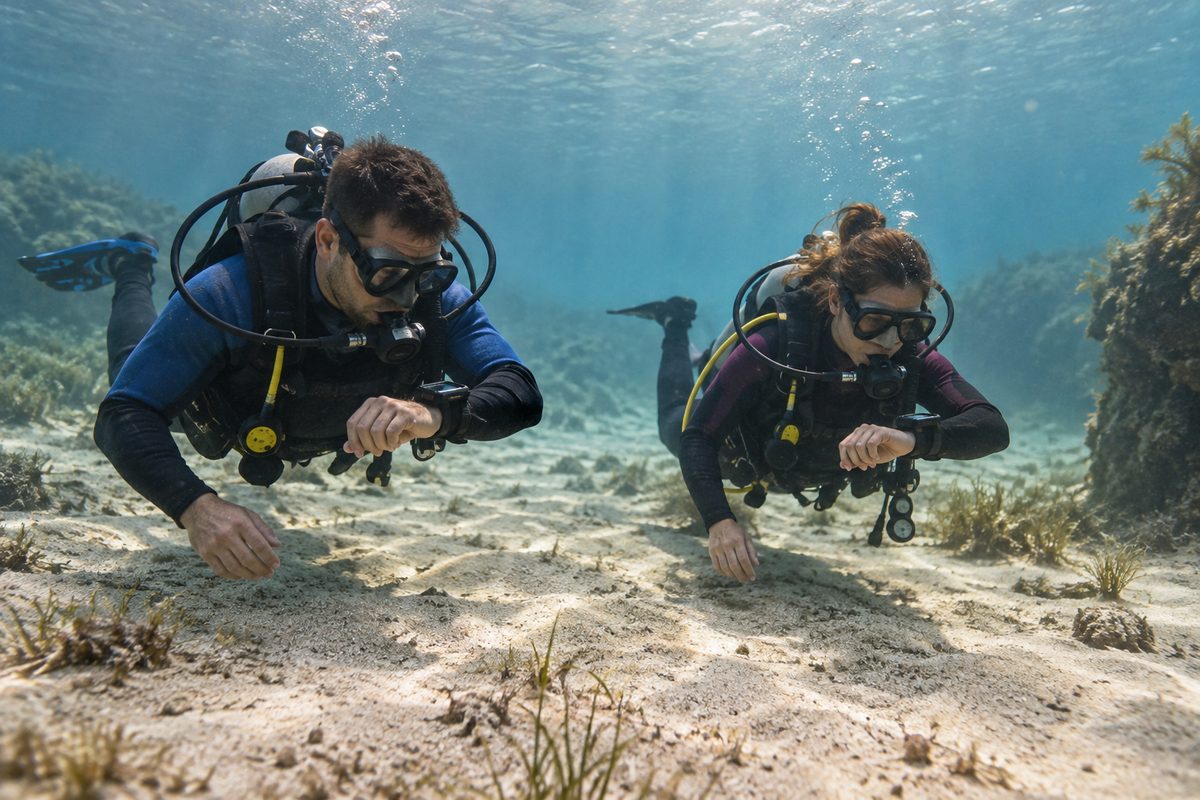 Open water scuba students mastering horizontal trim and neutral buoyancy above a sandy bed