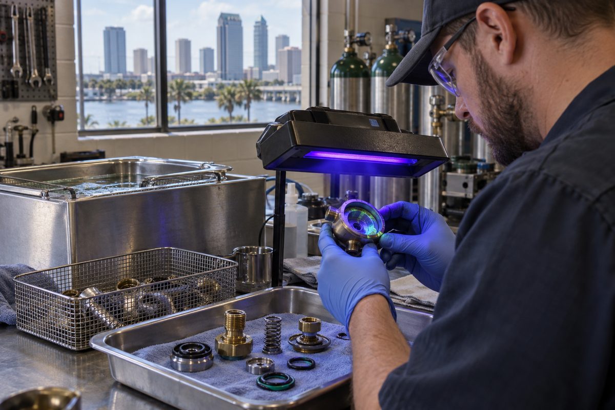 Dedicated oxygen-clean servicing station with ultrasonic cleaning tank and UV light