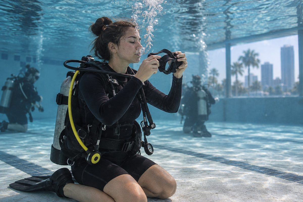 Scuba refresher student practicing mask clearing and buoyancy control during a tune-up session