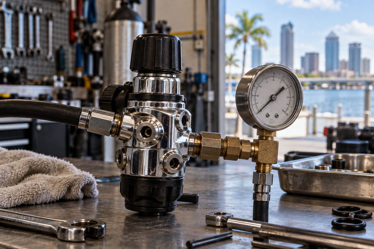 Balanced diaphragm scuba regulator first stage undergoing intermediate pressure calibration on workshop bench