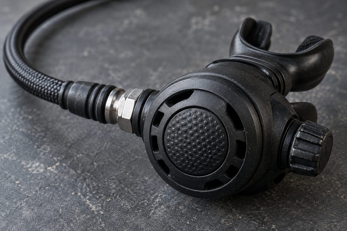 Technical scuba second stage regulator demand valve with micro-adjustment knob and flexible braided hose