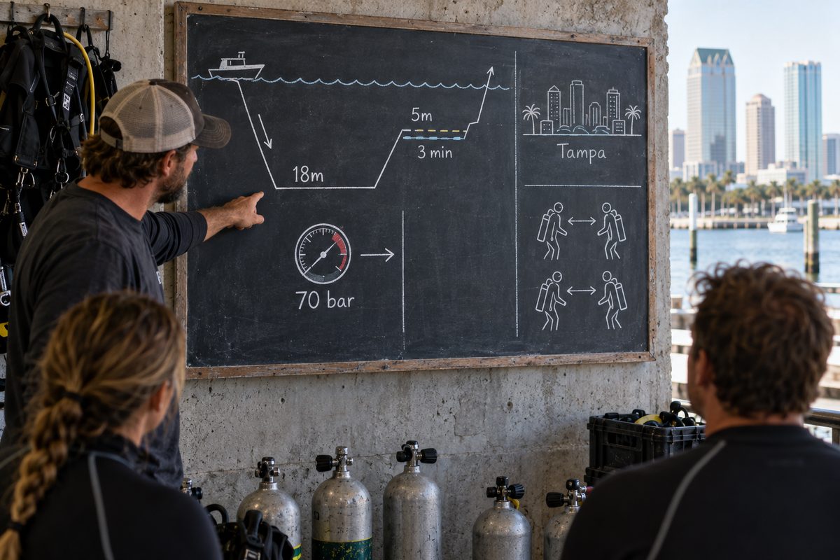 Detailed dive profile and turn-pressure parameters outlined on the pre-dive briefing board