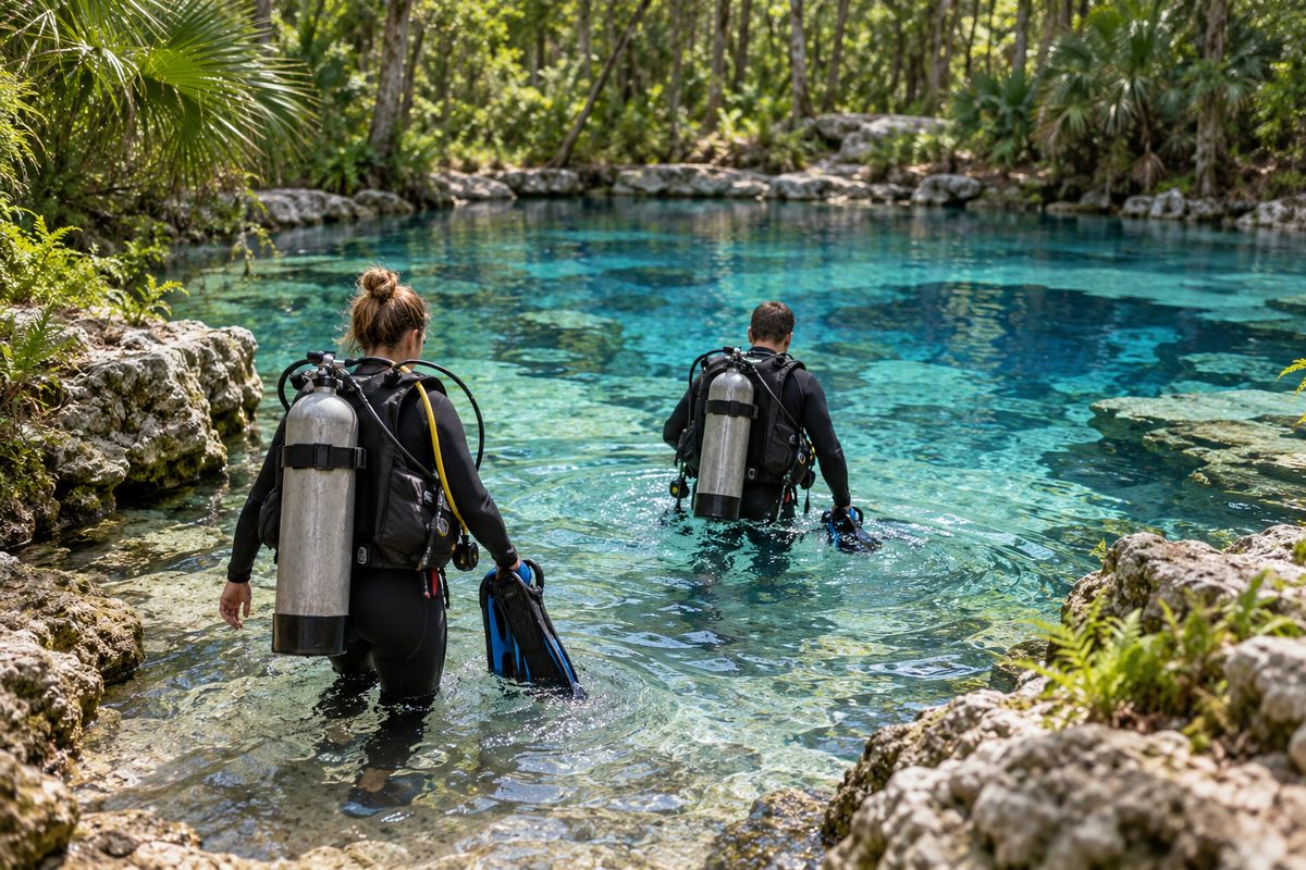 Scuba divers preparing for shore entry into a crystal clear Florida freshwater limestone spring