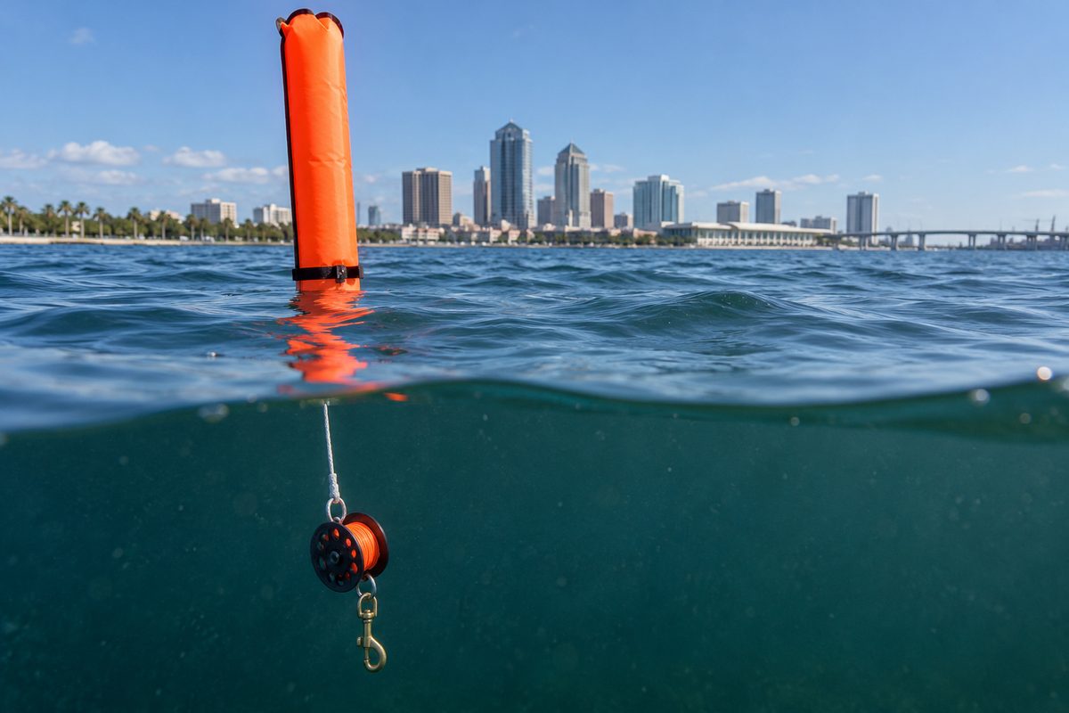 Surface marker buoy deployed at the surface connected to an aluminium spool and brass bolt snap