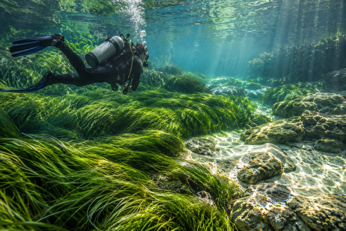Diver drifting through clear Florida freshwater spring run with aquatic eelgrass and limestone bed