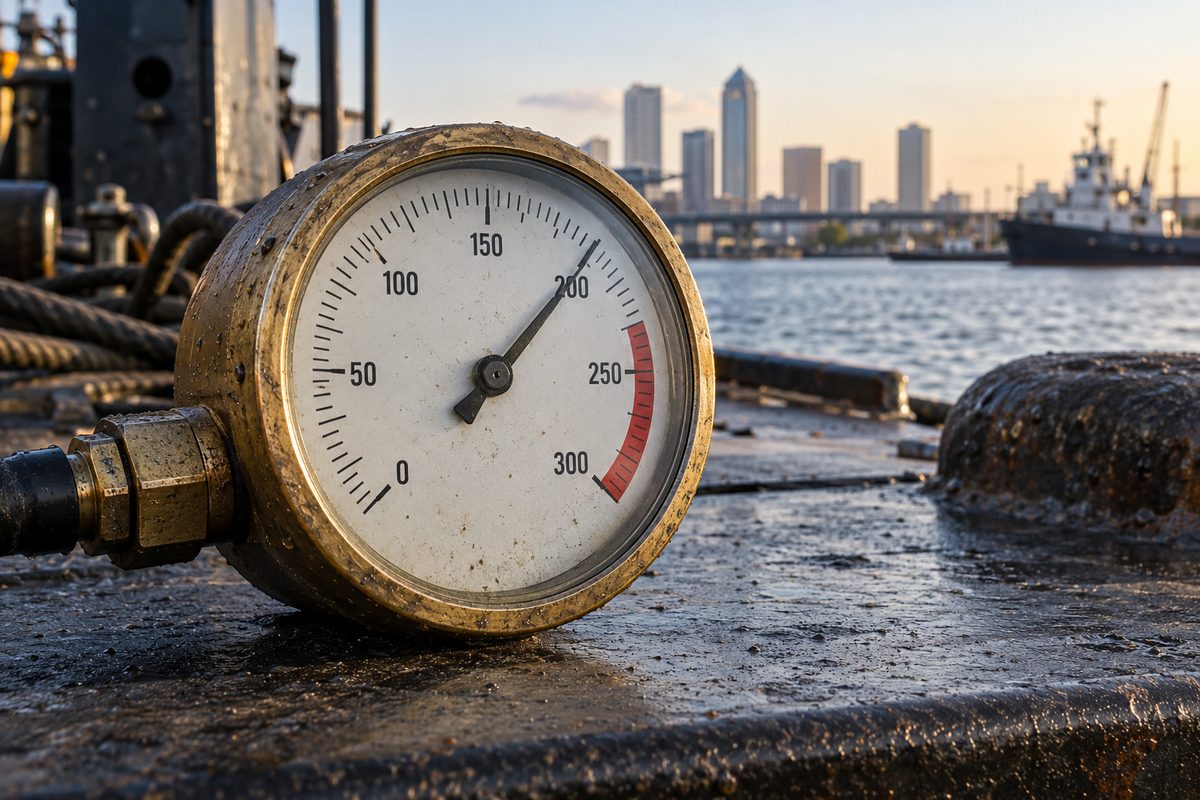 Submersible pressure gauge showing cylinder tank pressure reading 200 bar on calibrated scale