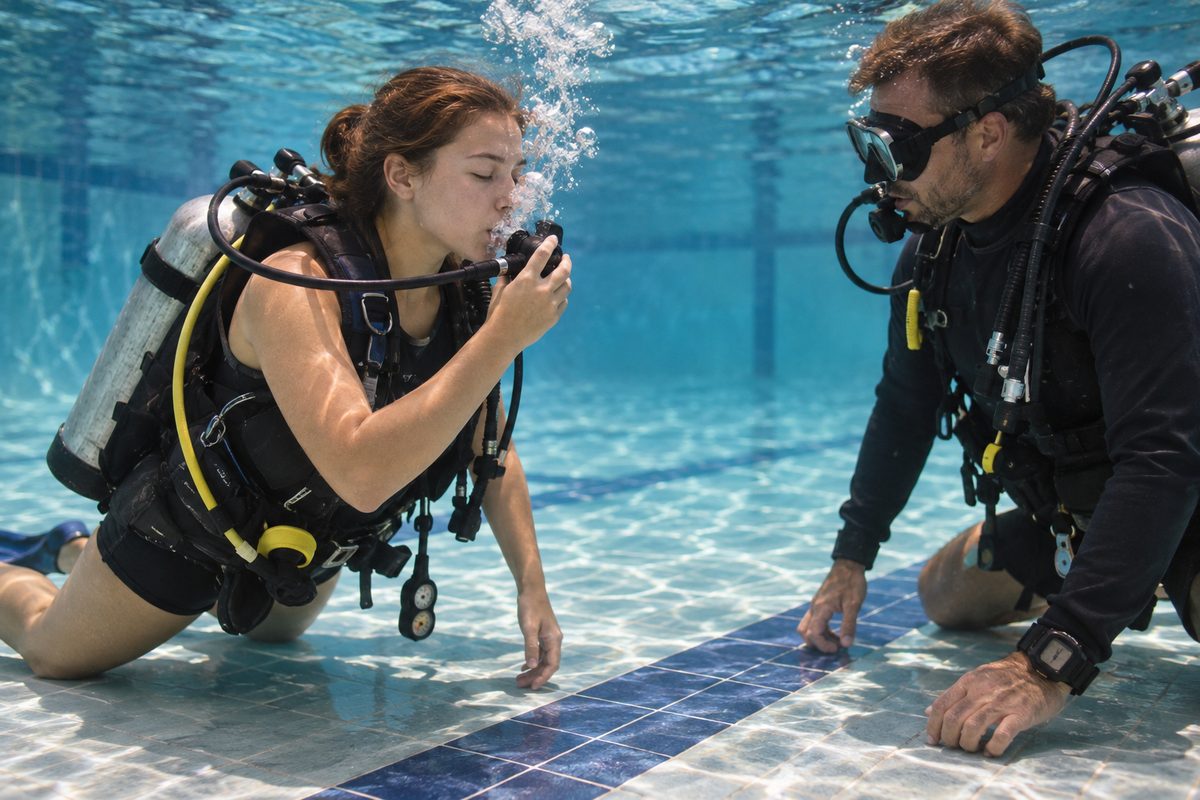 Try Scuba introductory diving student clearing regulator during confined water training