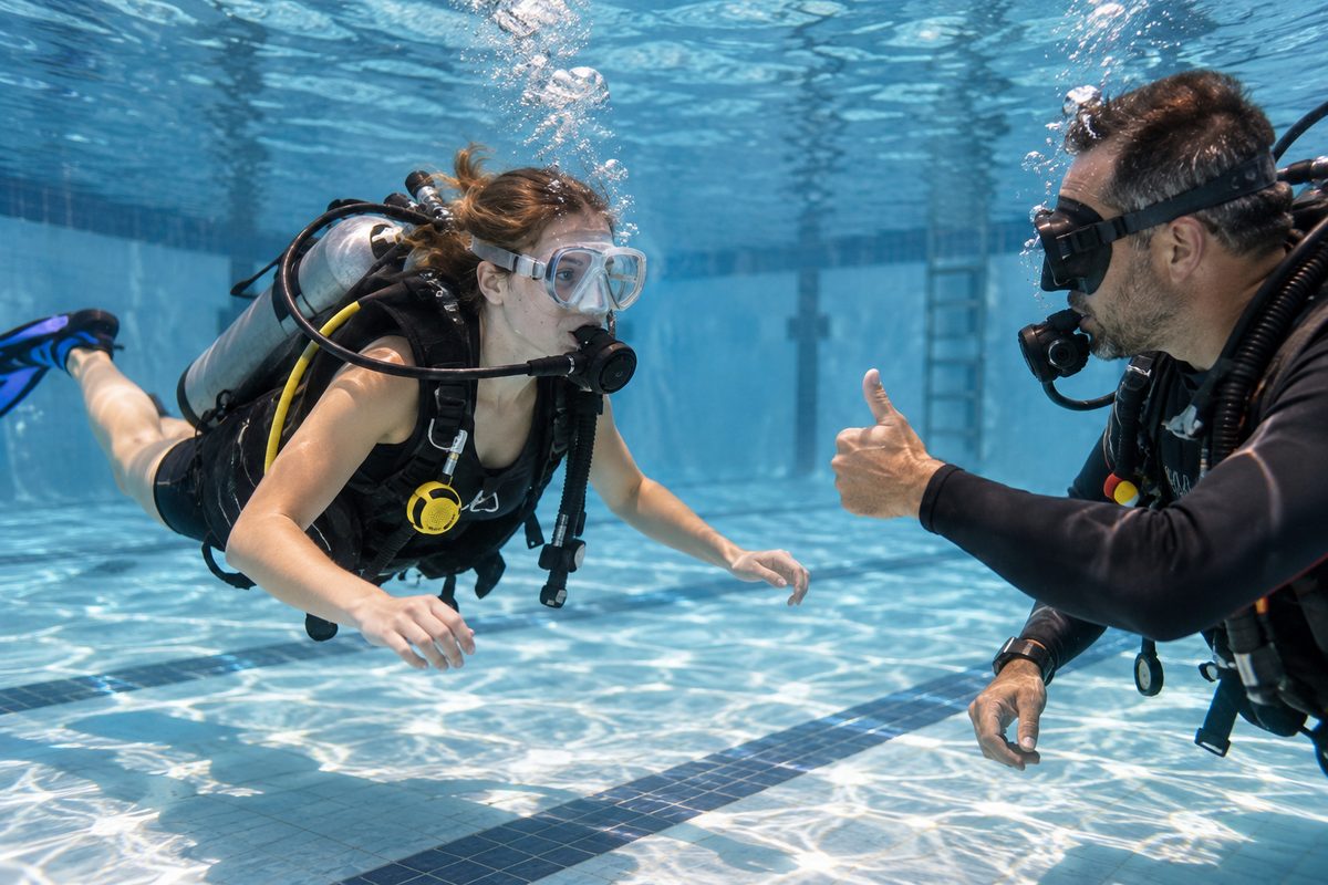 Introductory scuba candidate practicing horizontal hover in calm shallow training pool