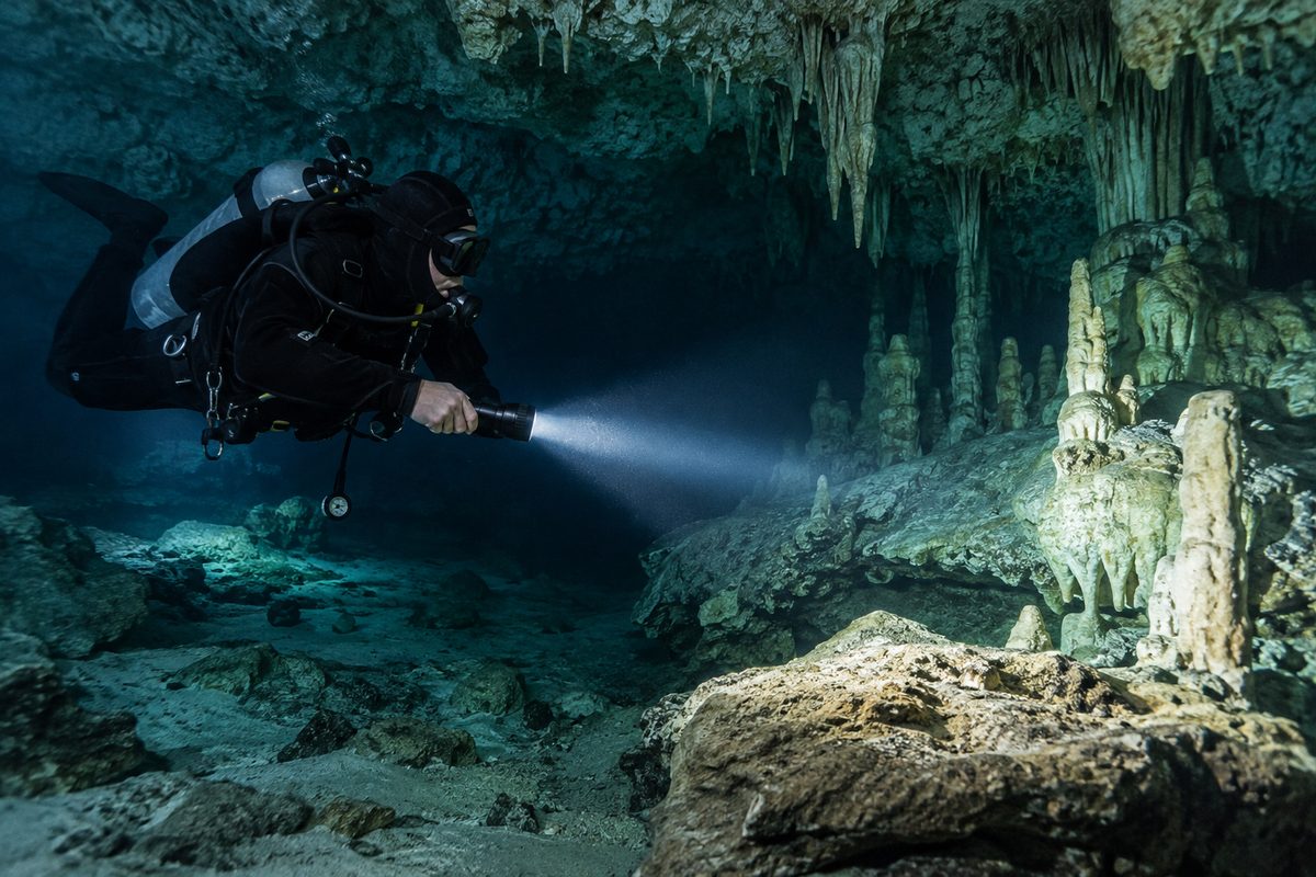 High-intensity LED dive light illuminating a submerged Florida limestone cavern passage