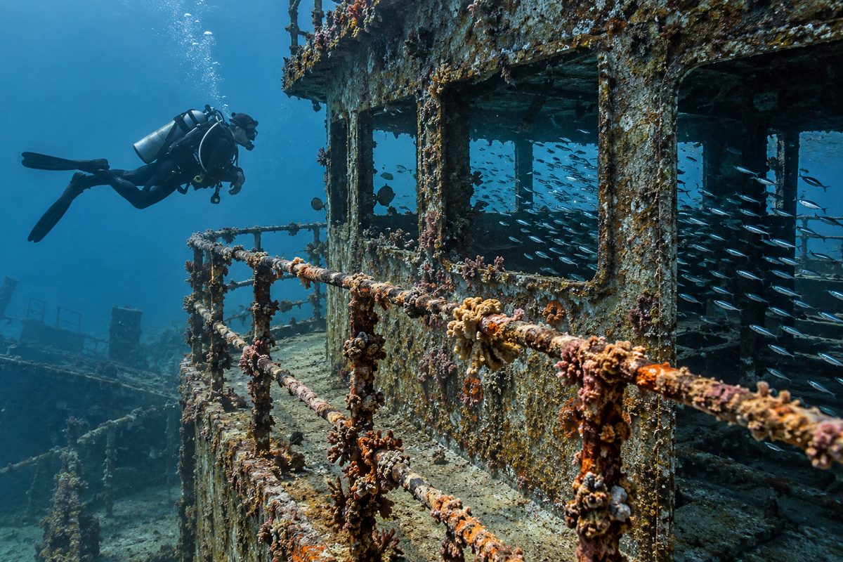 Scuba diver inspecting artificial reef wreck structure during an offshore Gulf boat dive